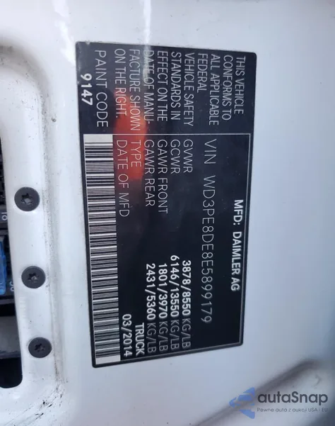 2014 Mercedes-Benz Sprinter 2500 from USA, damaged, VIN WD3PE8DE8E5899179